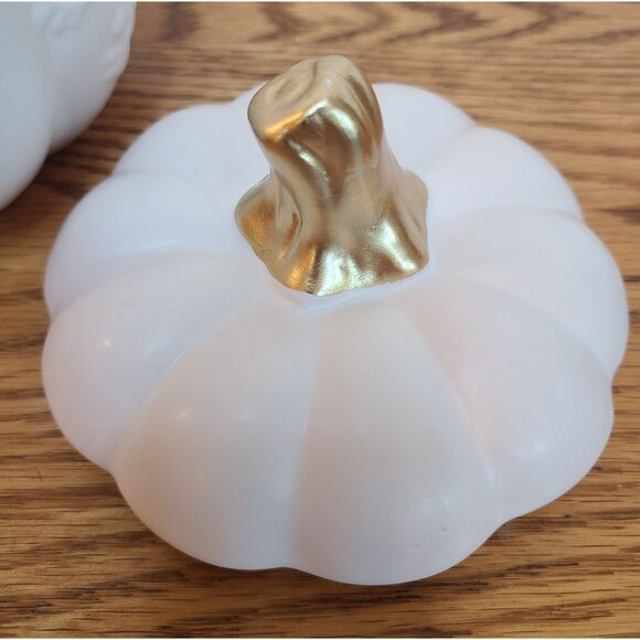 White Ceramic Harvest Pumpkin Container With Lid From 1-800-Flowers Arrangement - Picture 7 of 10